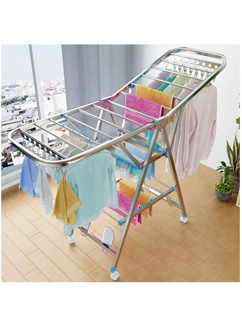 Cloth Drying Stand Rack Clothes Dryer Laundry Hanger Stand Folding 3 Tier 150cm Length with Rolling Wheel Foldable Stable Space Saving for Drying Clothing Indoor and Outdoor