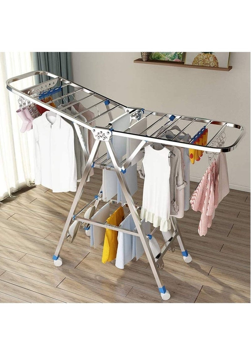 Cloth Drying Stand Rack Clothes Dryer Laundry Hanger Stand Folding 3 Tier 150cm Length with Rolling Wheel Foldable Stable Space Saving for Drying Clothing Indoor and Outdoor