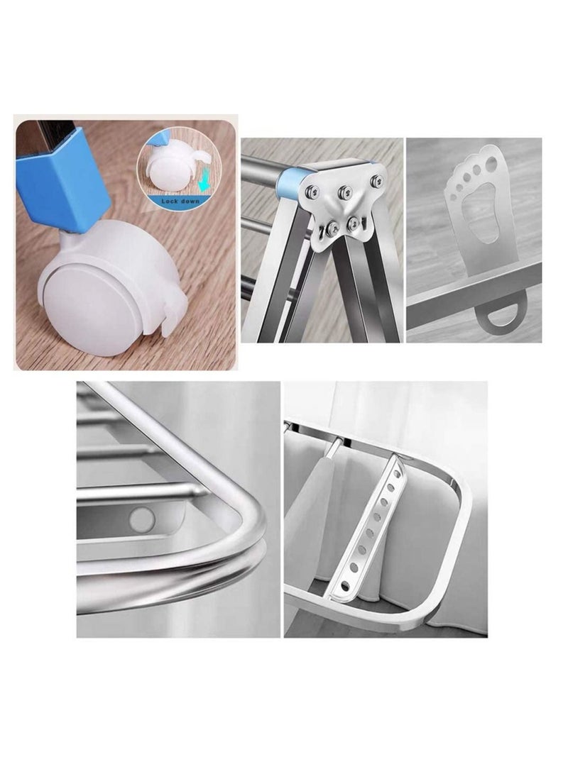 Folding Laundry Hanger Cloth Drying Stand Rack with Rolling Wheel Foldable Stable 150CM
