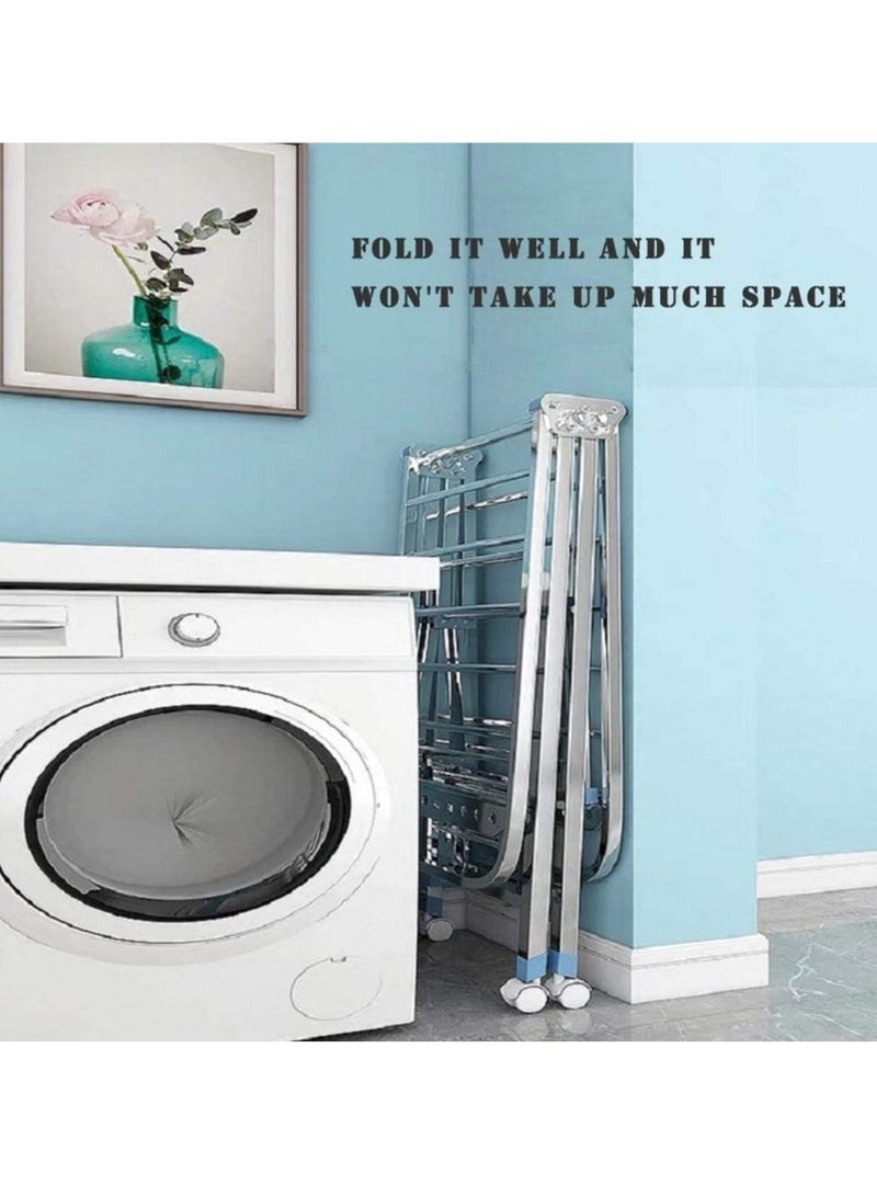 Folding Laundry Hanger Cloth Drying Stand Rack with Rolling Wheel Foldable Stable 150CM