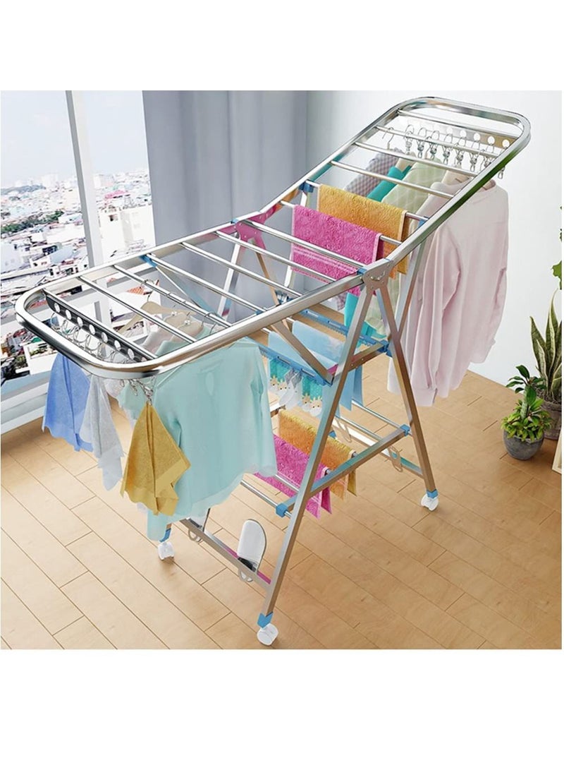 Folding Laundry Hanger Cloth Drying Stand Rack with Rolling Wheel Foldable Stable 150CM