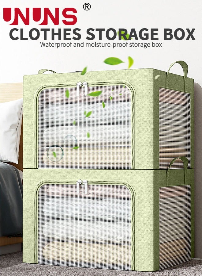 Foldable Clothes Storage Bins,2Pcs Openings Clothes Storage Bins With Metal Frame And Handle,Linen Storage Box With Clear Window And Zippers,Green