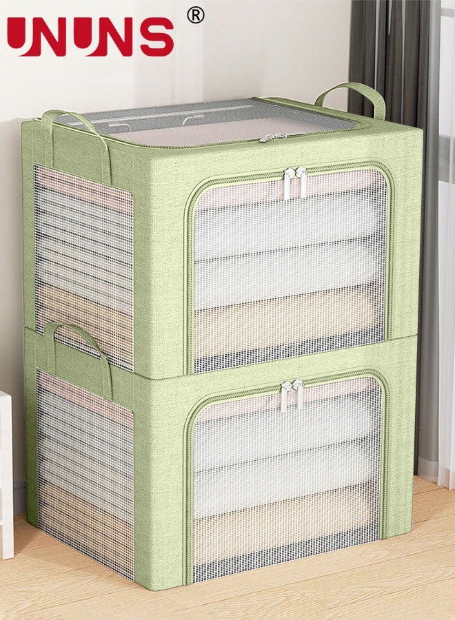 Foldable Clothes Storage Bins,2Pcs Openings Clothes Storage Bins With Metal Frame And Handle,Linen Storage Box With Clear Window And Zippers,Green