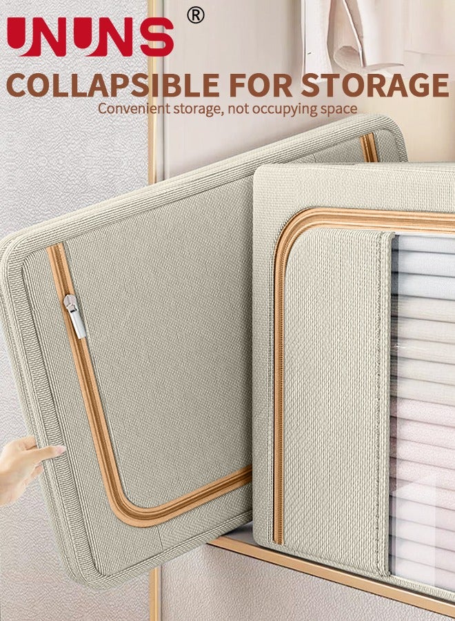 Foldable Clothes Box,2-Piece Oxford Fabric Closet Organizer Bag Set With Carry Handles And Clear Window,66L Large Capacity Steel Frame Storage Bins For Bedding Blankets Toys Gift,50x40x33cm