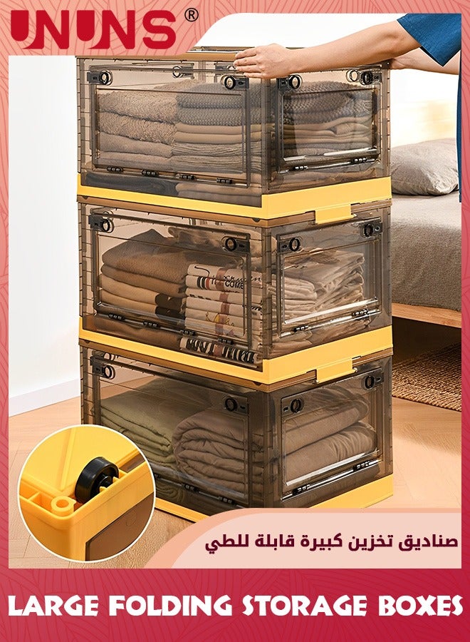 Folding Storage Boxes,32L Stackable Storage Boxes With Lids And Wheels,Side Open Transparent Door,Large Storage Container Crate For Clothes Snacks Toys Books,Home Office Bedroom(Mango Yellow)