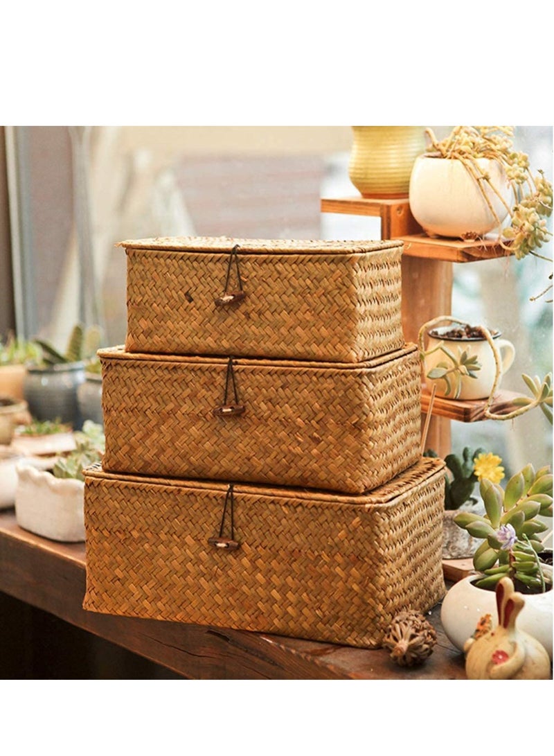 Wooven Storage Basket with Lid Storage Box Bins Handwoven Rattan Basket For Home 3pcs Set