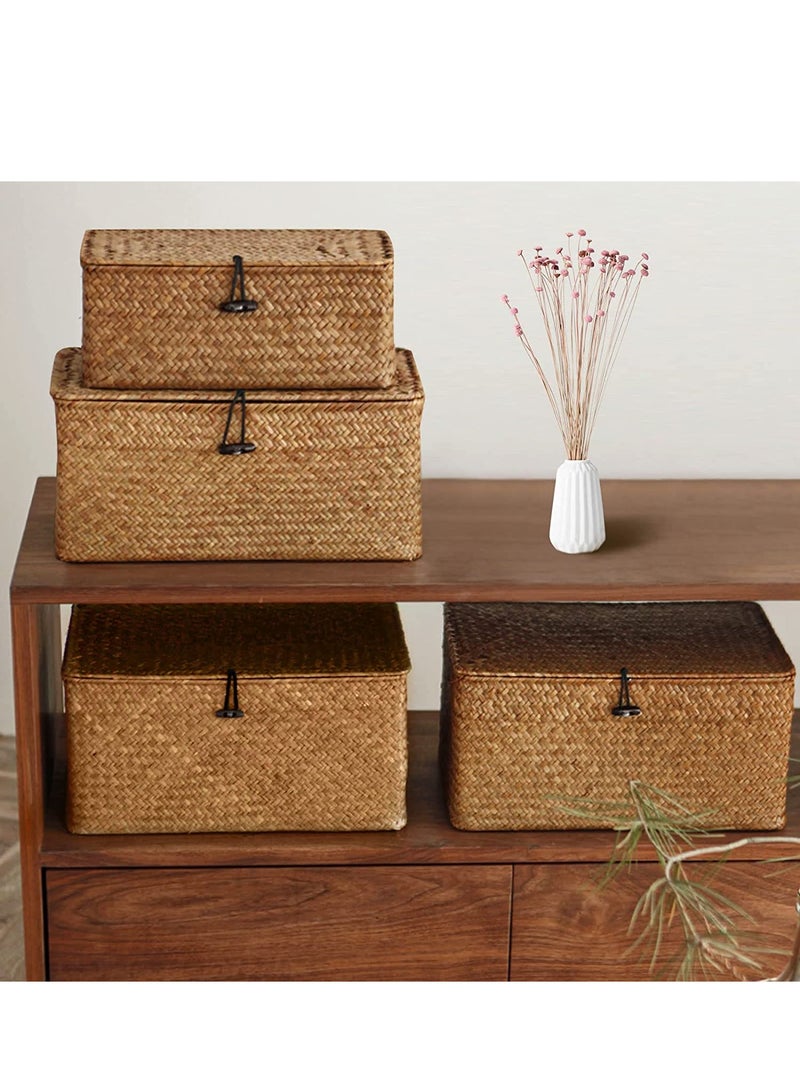 Wooven Storage Basket with Lid Storage Box Bins Handwoven Rattan Basket For Home 3pcs Set