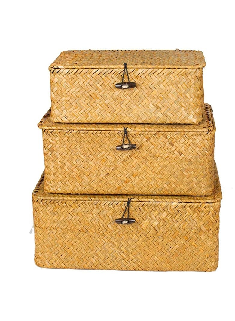 Wooven Storage Basket with Lid Storage Box Bins Handwoven Rattan Basket For Home 3pcs Set