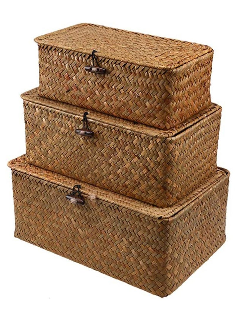 Wooven Storage Basket with Lid Storage Box Bins Handwoven Rattan Basket For Home 3pcs Set