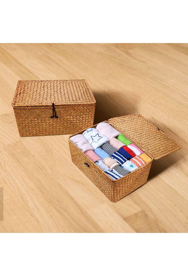 Wooven Storage Basket with Lid Storage Box Bins Handwoven Rattan Basket For Home 3pcs Set