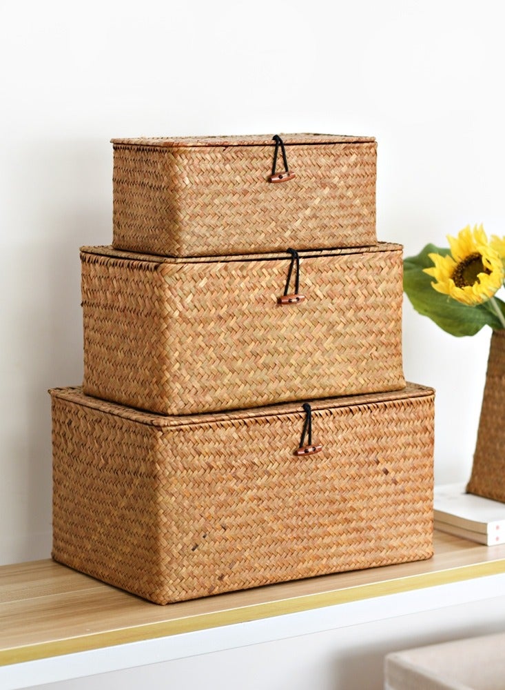 Wooven Storage Basket with Lid Storage Box Bins Handwoven Rattan Basket For Home 3pcs Set