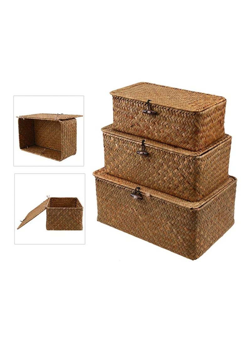 Wooven Storage Basket with Lid Storage Box Bins Handwoven Rattan Basket For Home 3pcs Set