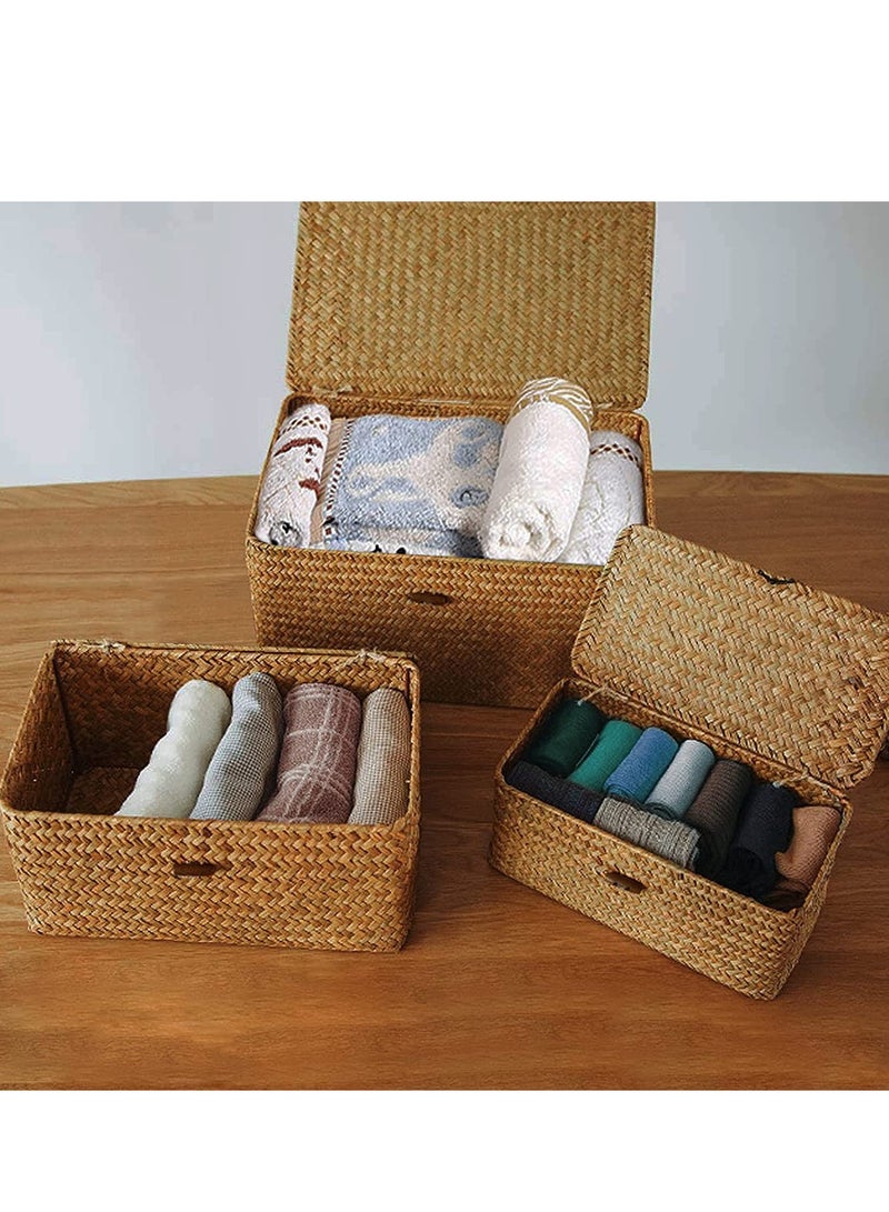 Wooven Storage Basket with Lid Storage Box Bins Handwoven Rattan Basket For Home 3pcs Set