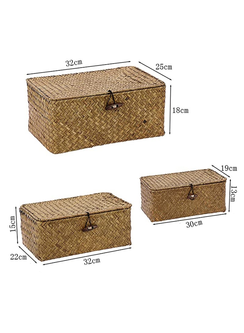 3pcs Woven Baskets with Lids Seagrass Storage Basket Brown