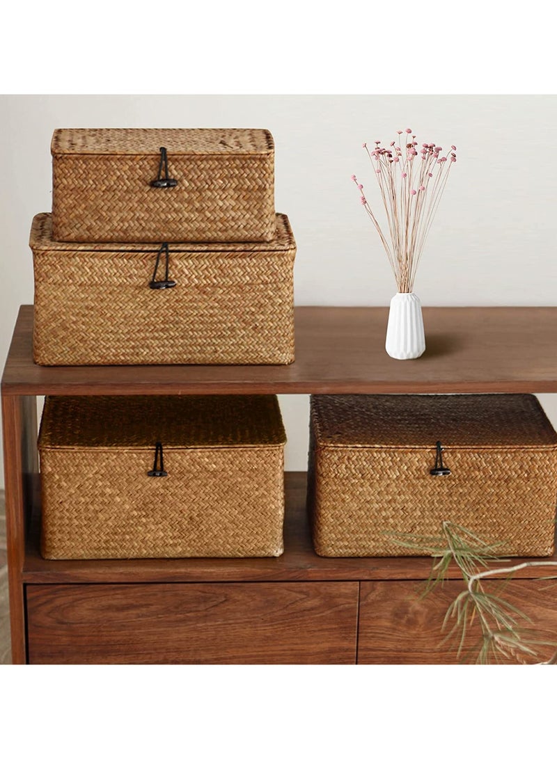 3pcs Woven Baskets with Lids Seagrass Storage Basket Brown