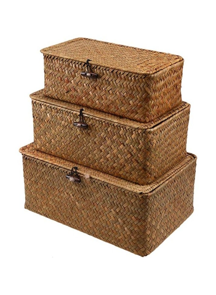 3pcs Woven Baskets with Lids Seagrass Storage Basket Brown