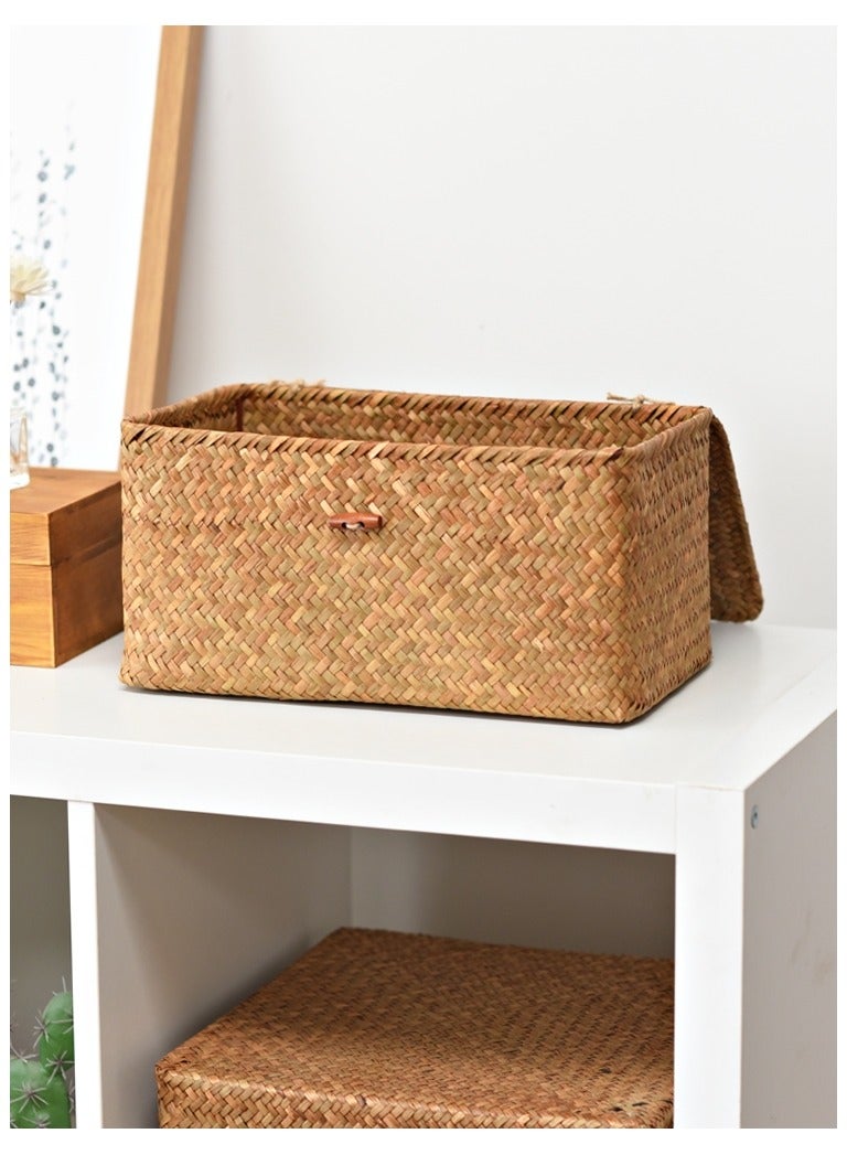 3pcs Woven Baskets with Lids Seagrass Storage Basket Brown