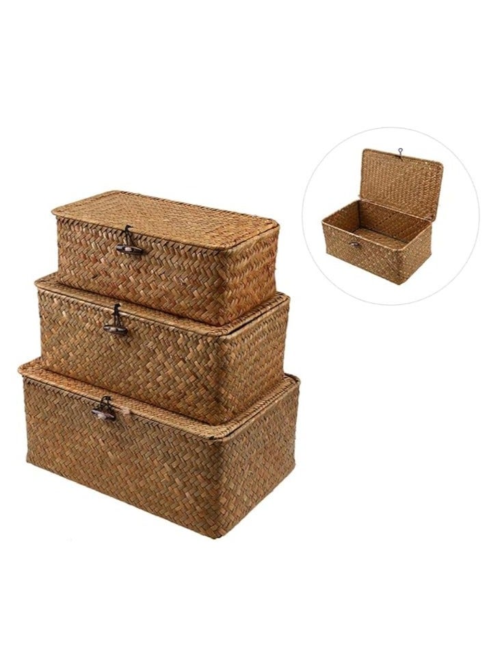 Seaweed Baskets with Lid 3pcs Woven Seagrass Baskets Brown