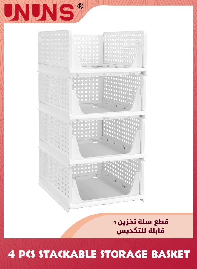 Stackable Plastic Storage Basket,4 Pack Large Foldable Closet Organizer,Stackable Drawer For Wardrobe Cabinet Kitchen Bathroom Office,White