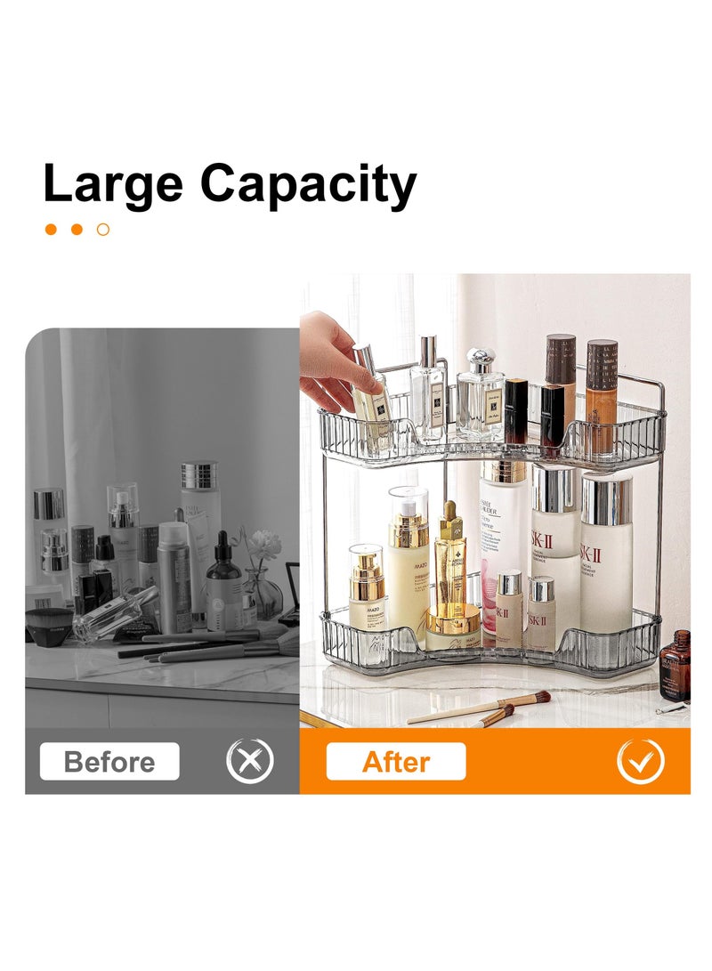 2 Tier Corner Bathroom Countertop Organizer, 2 Tiers Vanity Trays for Bathroom Counter, Makeup Organizer, Perfume Tray, Kitchen Spice Rack, Fits 90 Corner, Smoky Gray