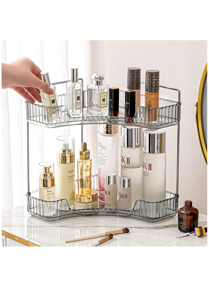 2 Tier Corner Bathroom Countertop Organizer, 2 Tiers Vanity Trays for Bathroom Counter, Makeup Organizer, Perfume Tray, Kitchen Spice Rack, Fits 90 Corner, Smoky Gray