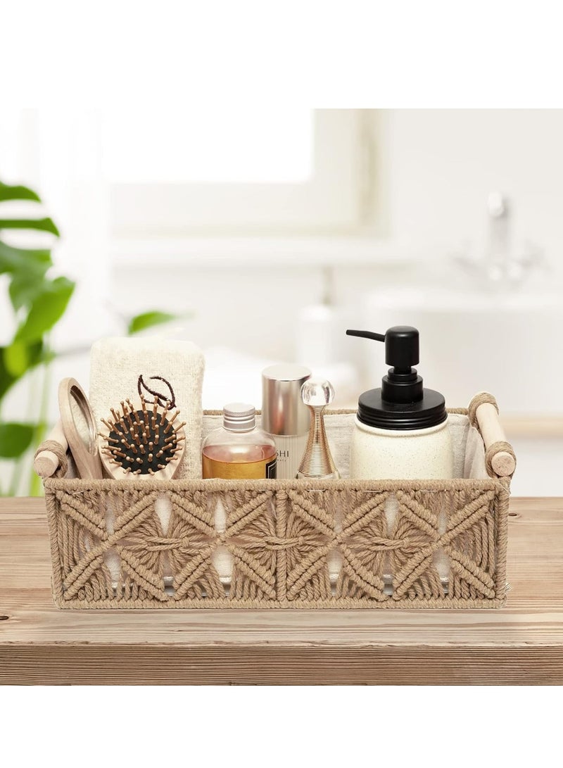 Macrame Storage Basket Boho Decor Baskets for Organizing Woven Decorative Basket for Countertop Toilet Paper Basket for Toilet Tank Top Shelf Basket with Handle for Bathroom Decor Nursery