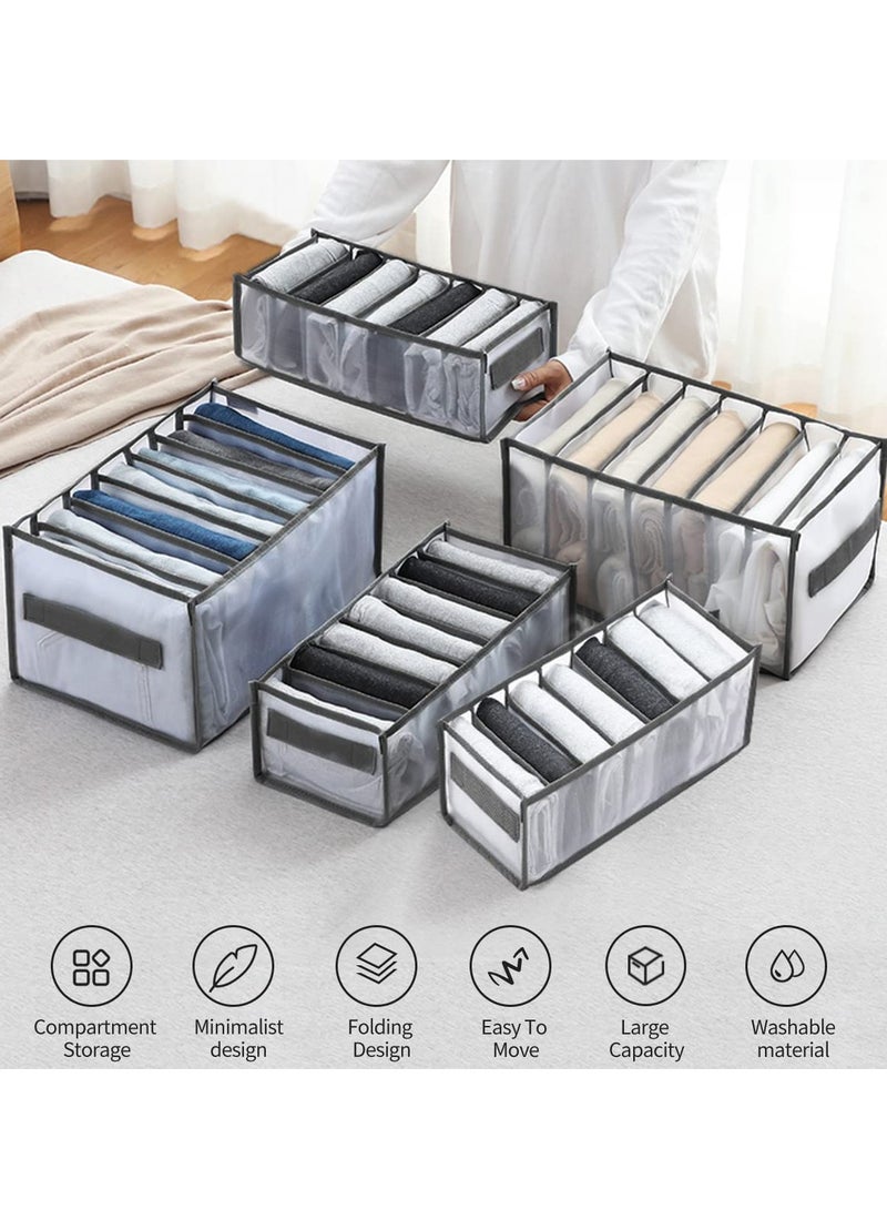 Drawer Organizers for Clothing, Wardrobe Clothes Visible Organizer with Handles, 7 Grids Clothes Organizer for Folded Clothes, Jeans Organizer for Closet, Wardrobe, Drawer, Gray (2 Pcs Large + Small)