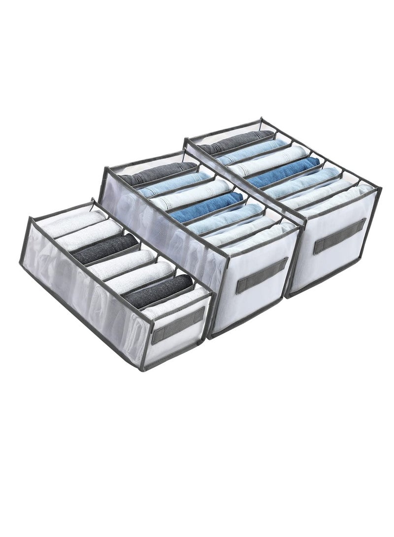 Drawer Organizers for Clothing, Wardrobe Clothes Visible Organizer with Handles, 7 Grids Clothes Organizer for Folded Clothes, Jeans Organizer for Closet, Wardrobe, Drawer, Gray (2 Pcs Large + Small)