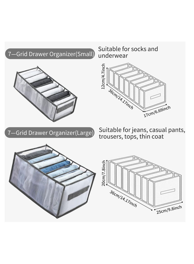 Drawer Organizers for Clothing, Wardrobe Clothes Visible Organizer with Handles, 7 Grids Clothes Organizer for Folded Clothes, Jeans Organizer for Closet, Wardrobe, Drawer, Gray (2 Pcs Large + Small)