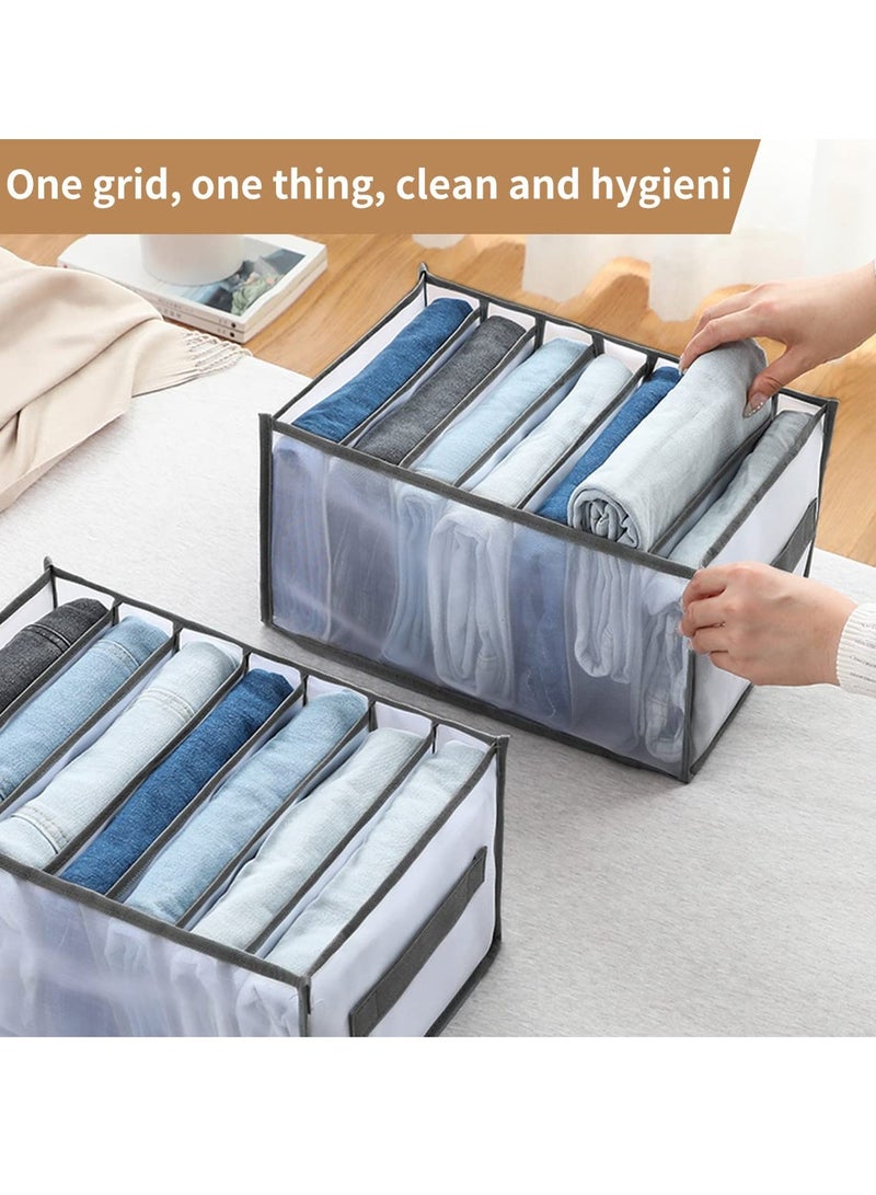 Drawer Organizers for Clothing, Wardrobe Clothes Visible Organizer with Handles, 7 Grids Clothes Organizer for Folded Clothes, Jeans Organizer for Closet, Wardrobe, Drawer, Gray (2 Pcs Large + Small)