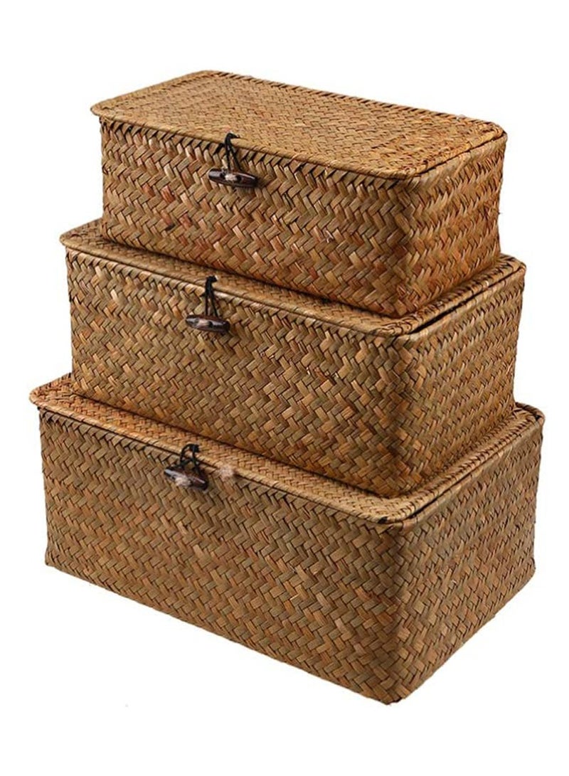 LINGWEI Set of 3 Shelf Basket with Lid for Home Decor Seagrass Storage Baskets Natural Rattan Woven Rectangular Organizer Box