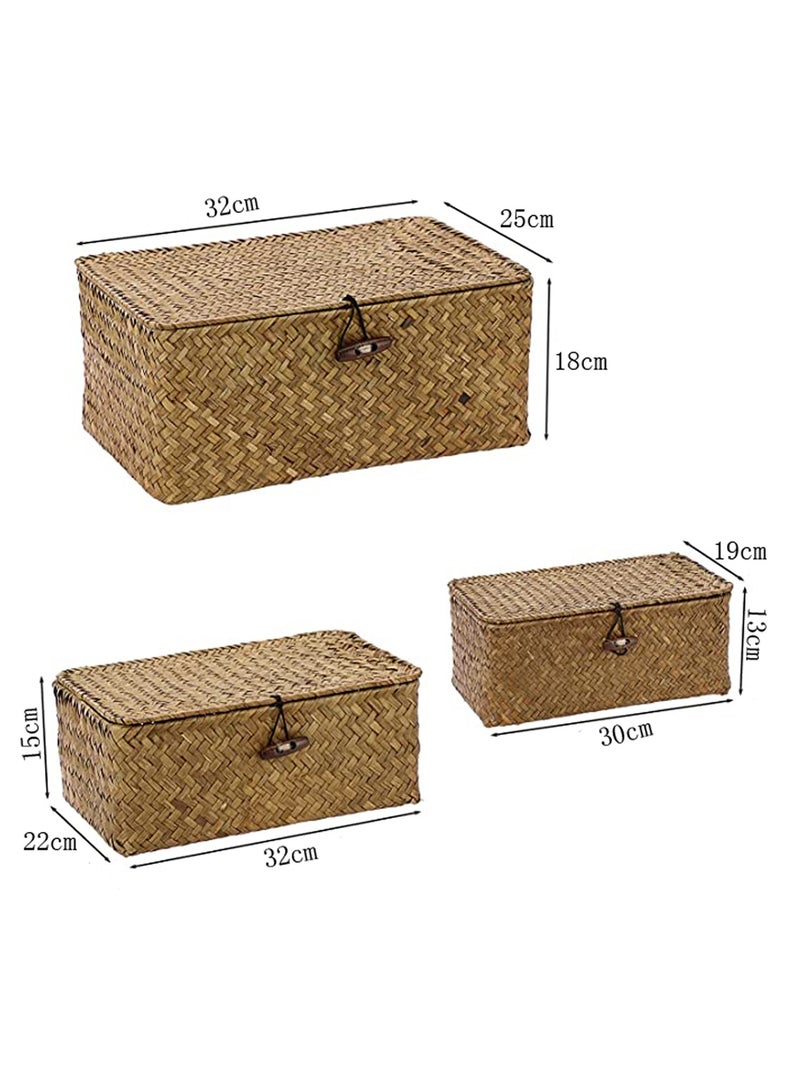 LINGWEI Set of 3 Shelf Basket with Lid for Home Decor Seagrass Storage Baskets Natural Rattan Woven Rectangular Organizer Box