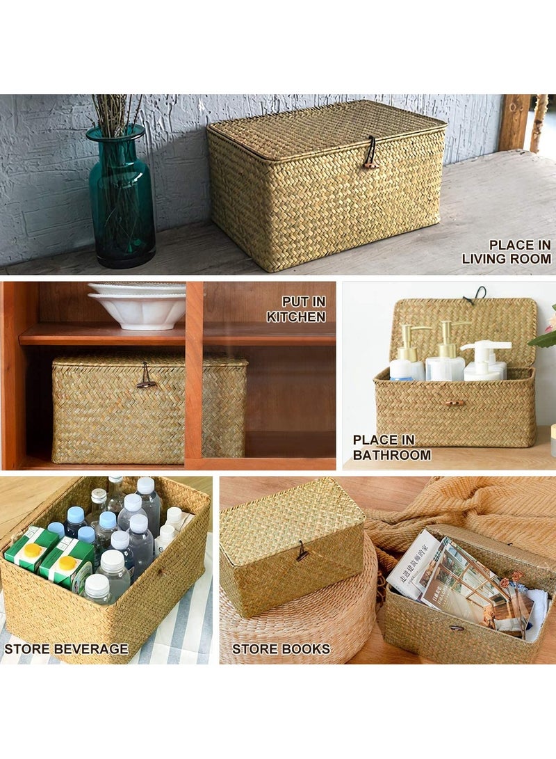 LINGWEI Set of 3 Shelf Basket with Lid for Home Decor Seagrass Storage Baskets Natural Rattan Woven Rectangular Organizer Box