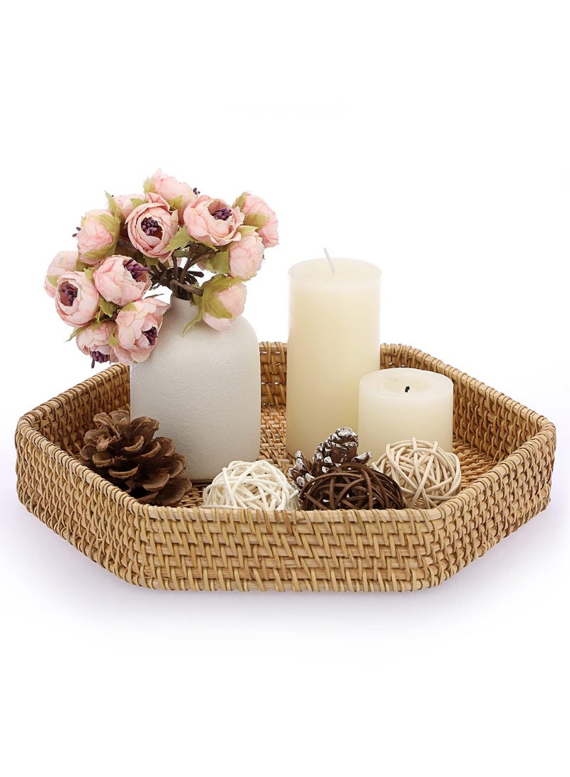 SYOSI Natural Wicker Serving Tray, Hand-woven Rattan Organizer Tray with Handle, Fruit Bread Food Serving Tray, Home Decor Tray for Keys, Jewelry, Fruit, Bread
