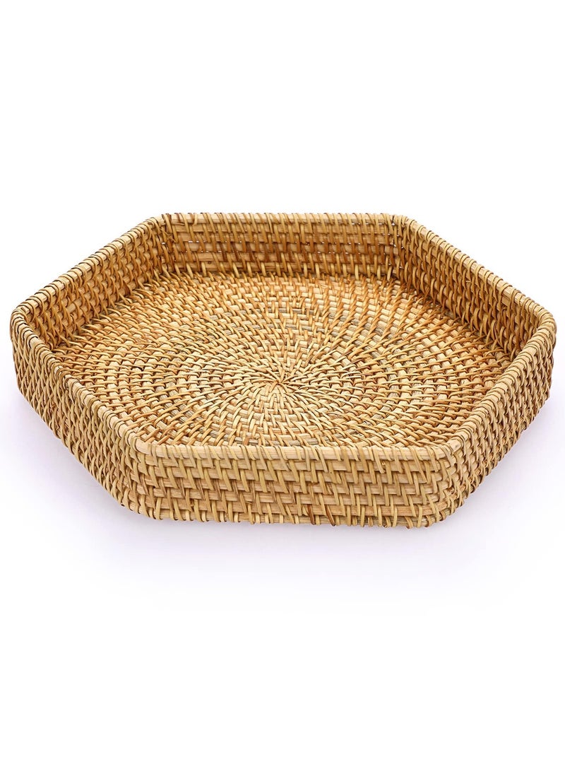 SYOSI Natural Wicker Serving Tray, Hand-woven Rattan Organizer Tray with Handle, Fruit Bread Food Serving Tray, Home Decor Tray for Keys, Jewelry, Fruit, Bread