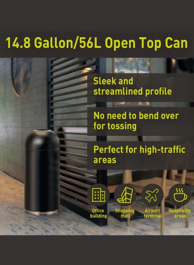 Eternal Round Open Top Waste Bin, Tall Commercial Trash Can for Indoor and Outdoor, Black Steel Heavy-Duty, Extra Large Metal Garbage Bin for Home, Office, Restaurant, Restroom, 52L