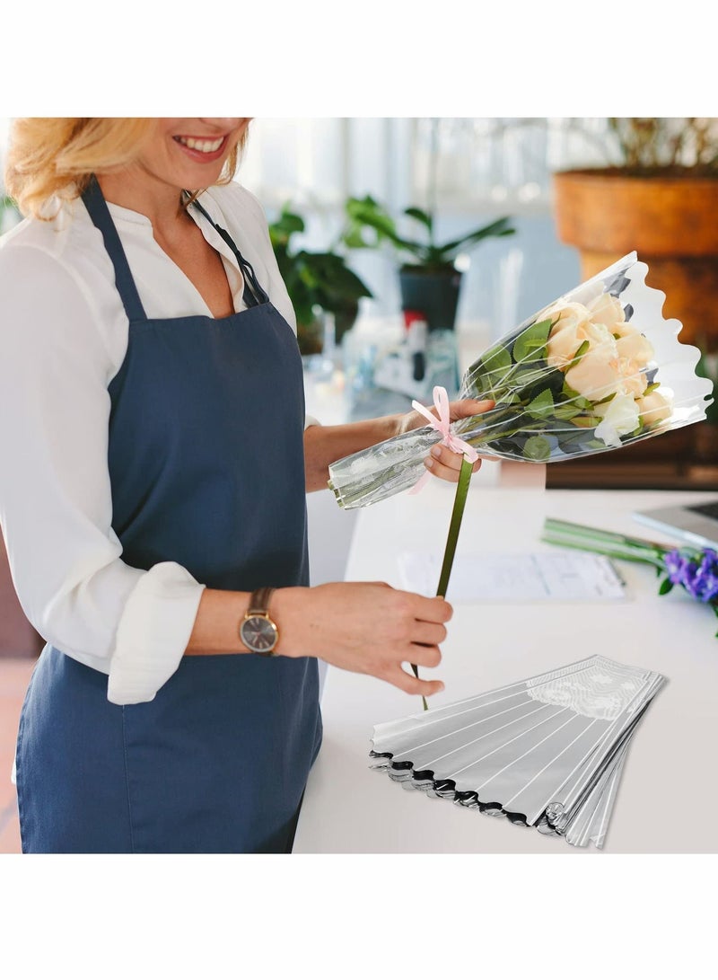 Flower Bouquet Bag Plastic Wrapping Bags Clear Floral Bouquet Sleeve with Strip and Lace Decor Disposable Cellophane Sleeves Transparent Flower Bouquet Packaging Bags for Wedding, Birthday 100 Pieces