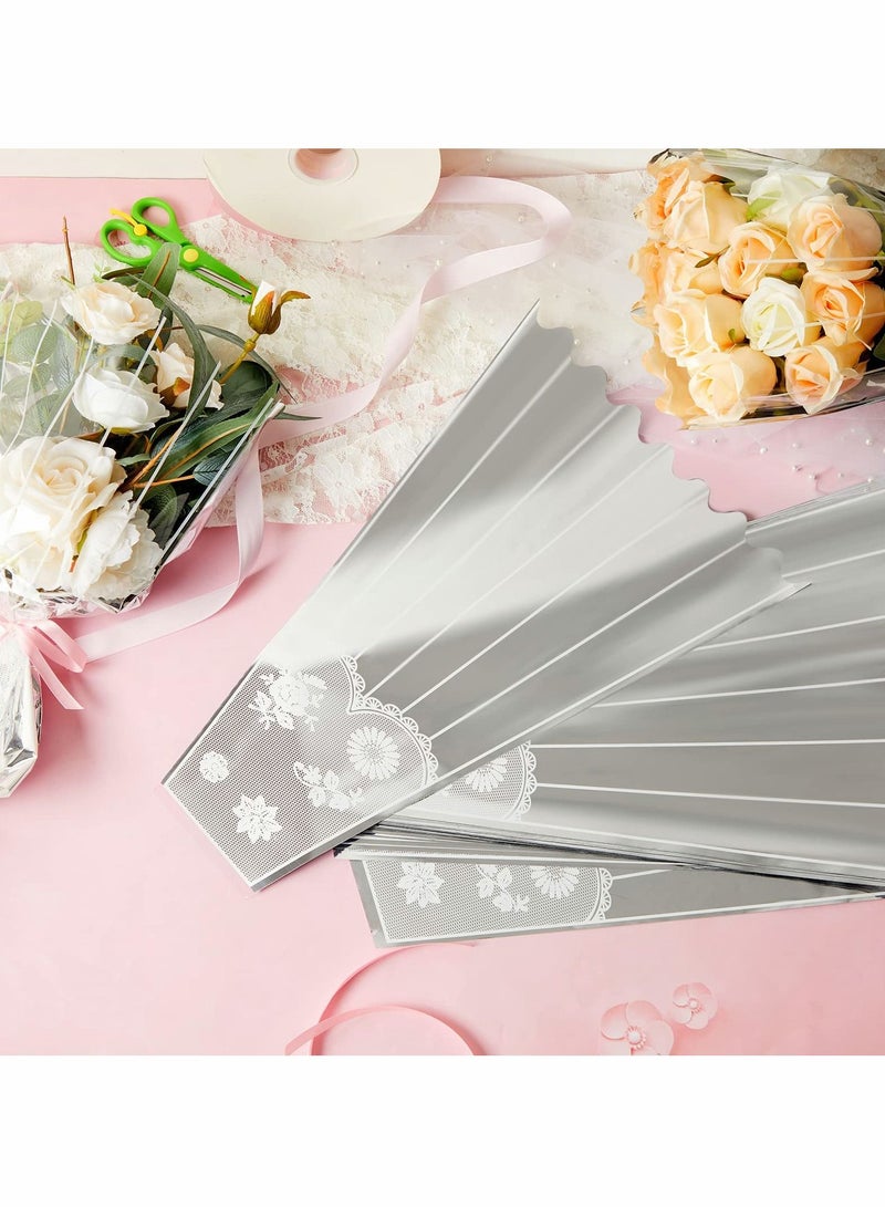 Flower Bouquet Bag Plastic Wrapping Bags Clear Floral Bouquet Sleeve with Strip and Lace Decor Disposable Cellophane Sleeves Transparent Flower Bouquet Packaging Bags for Wedding, Birthday 100 Pieces