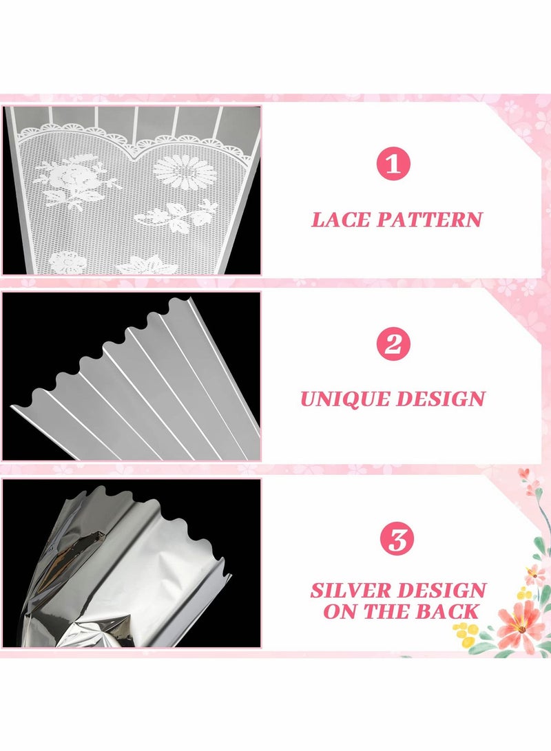 Flower Bouquet Bag Plastic Wrapping Bags Clear Floral Bouquet Sleeve with Strip and Lace Decor Disposable Cellophane Sleeves Transparent Flower Bouquet Packaging Bags for Wedding, Birthday 100 Pieces