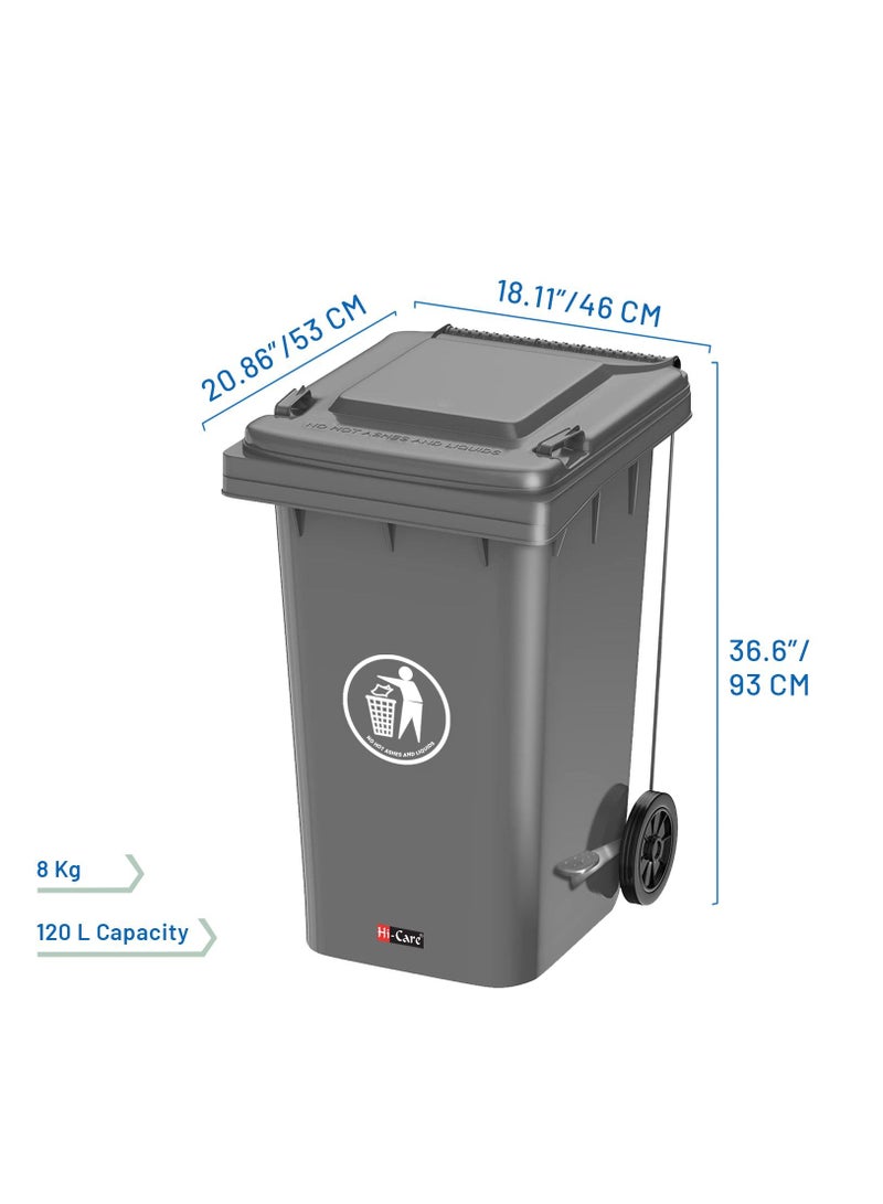 Heavy Duty Plastic Garbage Bin 120 Litre with Wheel and Pedal -Kitchen and Outdoor Recycle Trash Can, Large Industrial Waste Bin (Grey)