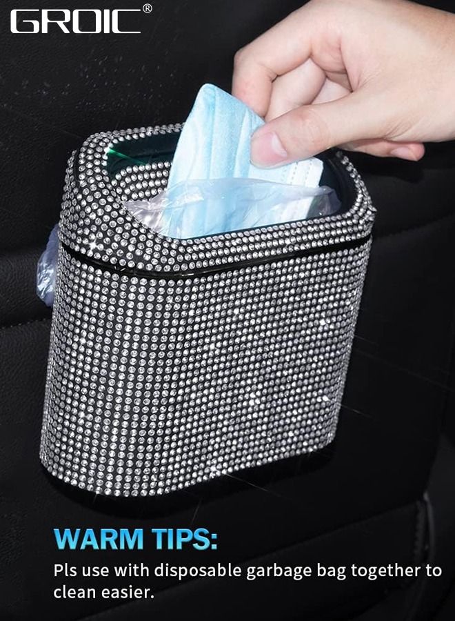 Car Trash Can with Lid, Bling Crystal Hanging Vehicle Trash Bin Car Dustbin Garbage Organizer, Automotive Garbage Can Bin Trash Container for Auto Cars, Home, Office - White