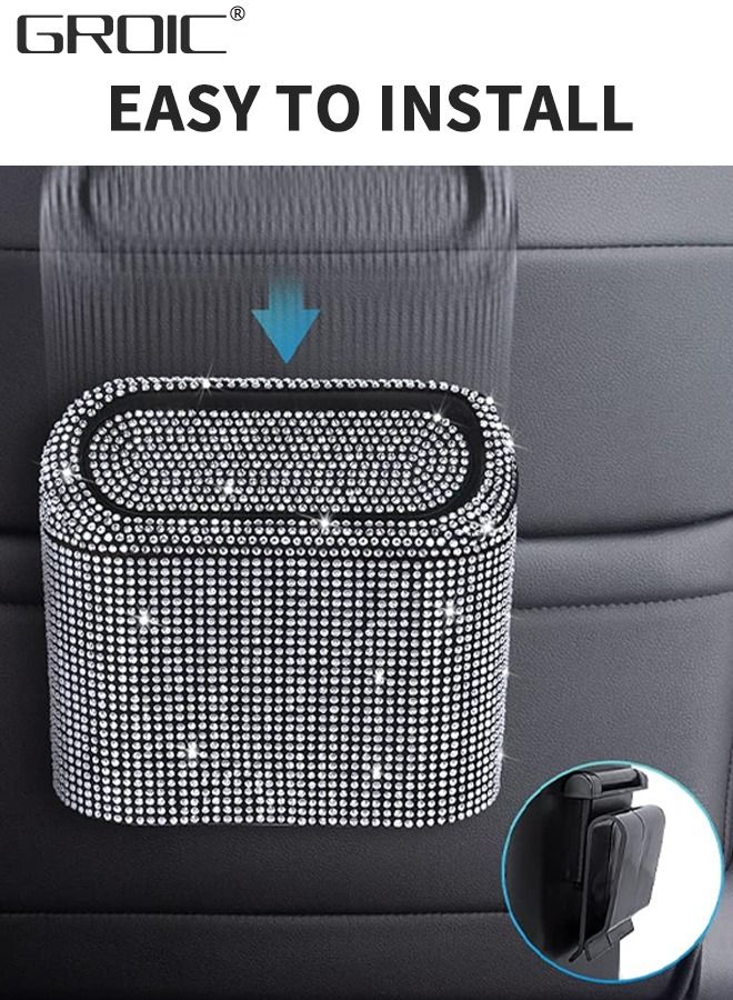 Car Trash Can with Lid, Bling Crystal Hanging Vehicle Trash Bin Car Dustbin Garbage Organizer, Automotive Garbage Can Bin Trash Container for Auto Cars, Home, Office - White