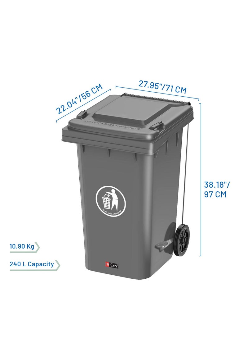 Plastic Garbage Bin 240 Litre With Wheel and Pedal - Heavy Duty Kitchen Dust Bin Outdoor Recycle Trash Can Large Industrial Waste Bin Trash Bin (Grey)