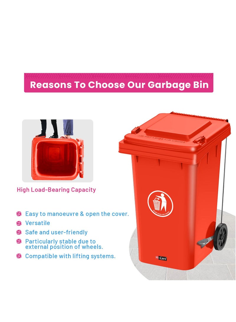 Plastic Garbage Bin 240 Litre With Wheel and Pedal - Heavy Duty Kitchen Dust Bin Outdoor Recycle Trash Can Large Industrial Waste Bin Trash Bin (Red)