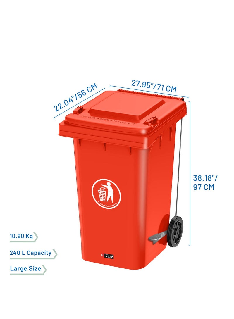 Plastic Garbage Bin 240 Litre With Wheel and Pedal - Heavy Duty Kitchen Dust Bin Outdoor Recycle Trash Can Large Industrial Waste Bin Trash Bin (Red)