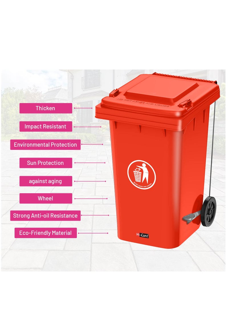 Plastic Garbage Bin 240 Litre With Wheel and Pedal - Heavy Duty Kitchen Dust Bin Outdoor Recycle Trash Can Large Industrial Waste Bin Trash Bin (Red)