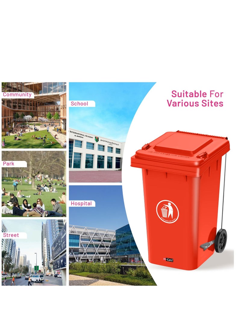 Plastic Garbage Bin 240 Litre With Wheel and Pedal - Heavy Duty Kitchen Dust Bin Outdoor Recycle Trash Can Large Industrial Waste Bin Trash Bin (Red)