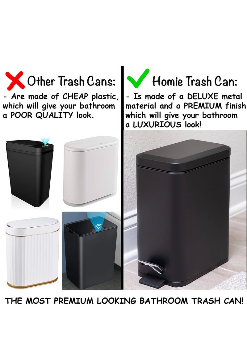 Slim Trash Can with Anti - Bag Slip Liner and Lid, Use as Mini Garbage Basket, Slim Dust Bin, or Decor in Bathroom, Restroom, Kitchen, or Bedroom (9L, Black)