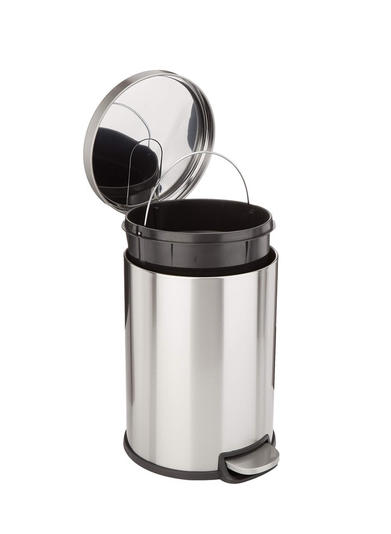 Round Cylindrical Trash Can With Soft-Close Foot Pedal, 20 Liter/5.3 Gallon, Brushed Stainless Steel