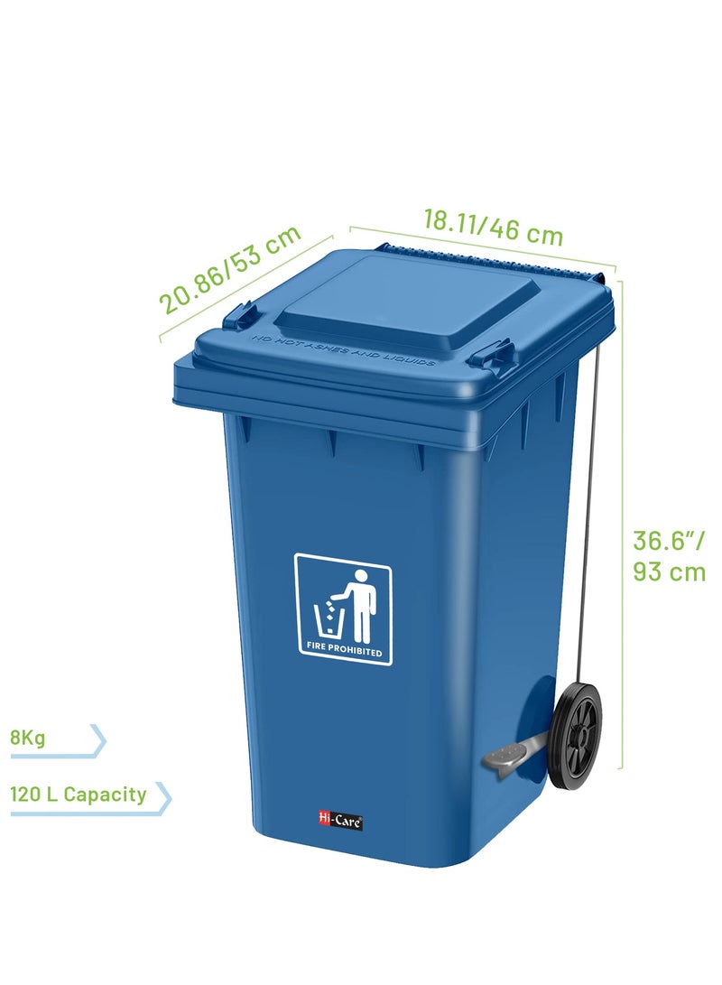 Plastic Garbage Bin 120 Litre with wheel and pedal - Heavy Duty Kitchen Dust Bin Outdoor Recycle Trash Can Large Industrial Waste bin Trash bin (Blue)